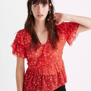 Madewell Tiered-Sleeve Peplum Top in Metallic Prairie Posies Size 12